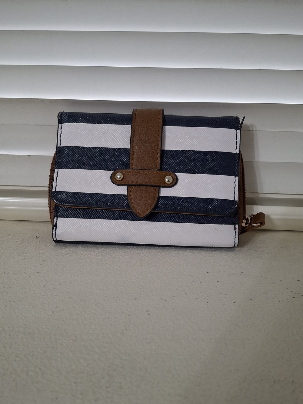 ​Ardene Navy & White Striped Trifold Wallet with Cognac Brown Trim